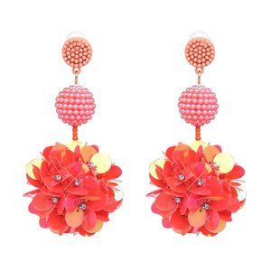 Neon Red Beaded Sequin Flower Large Drop Earrings